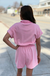 Striped Half Zip Romper - Pink