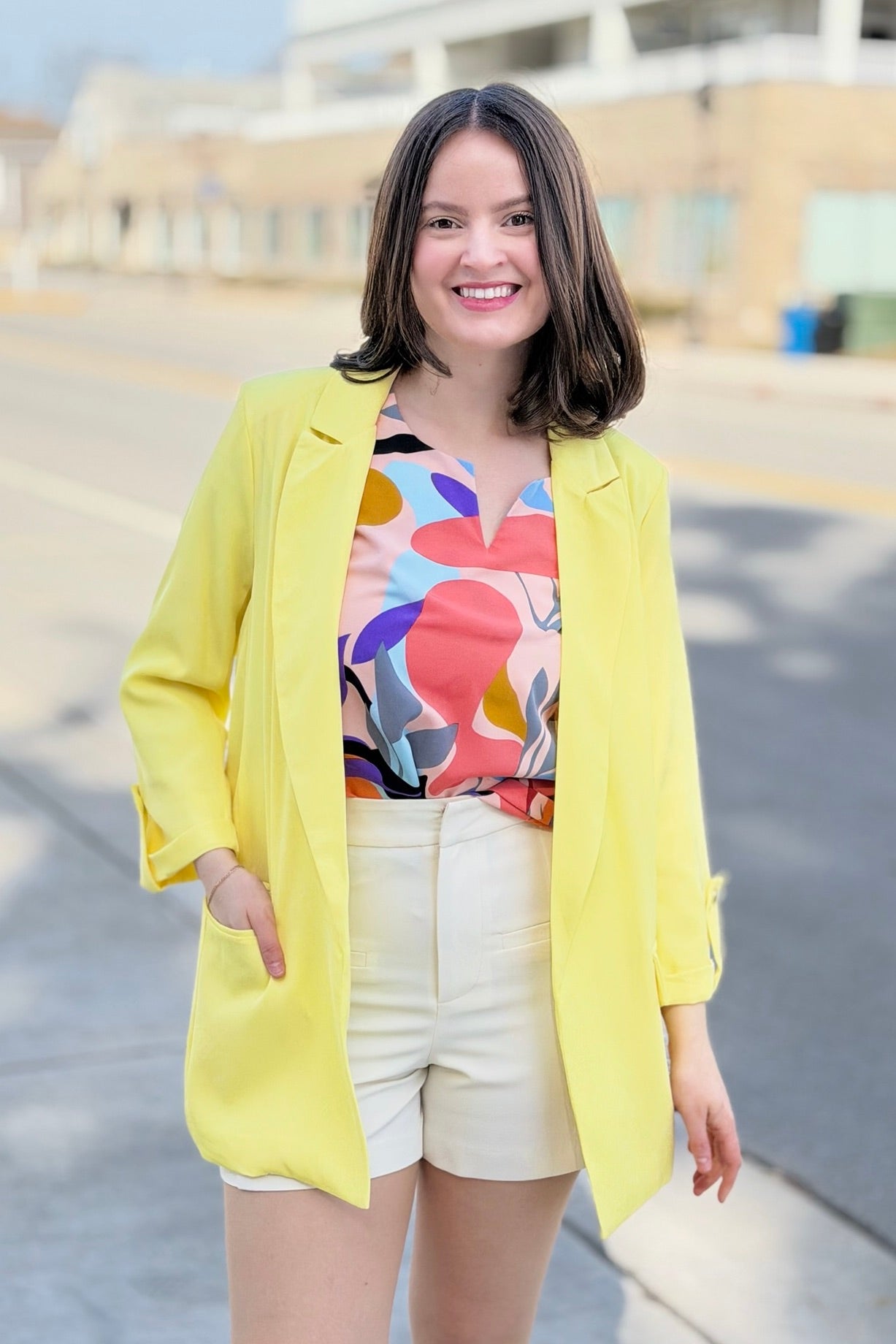 Roll Up Sleeve Open Blazer - Yellow