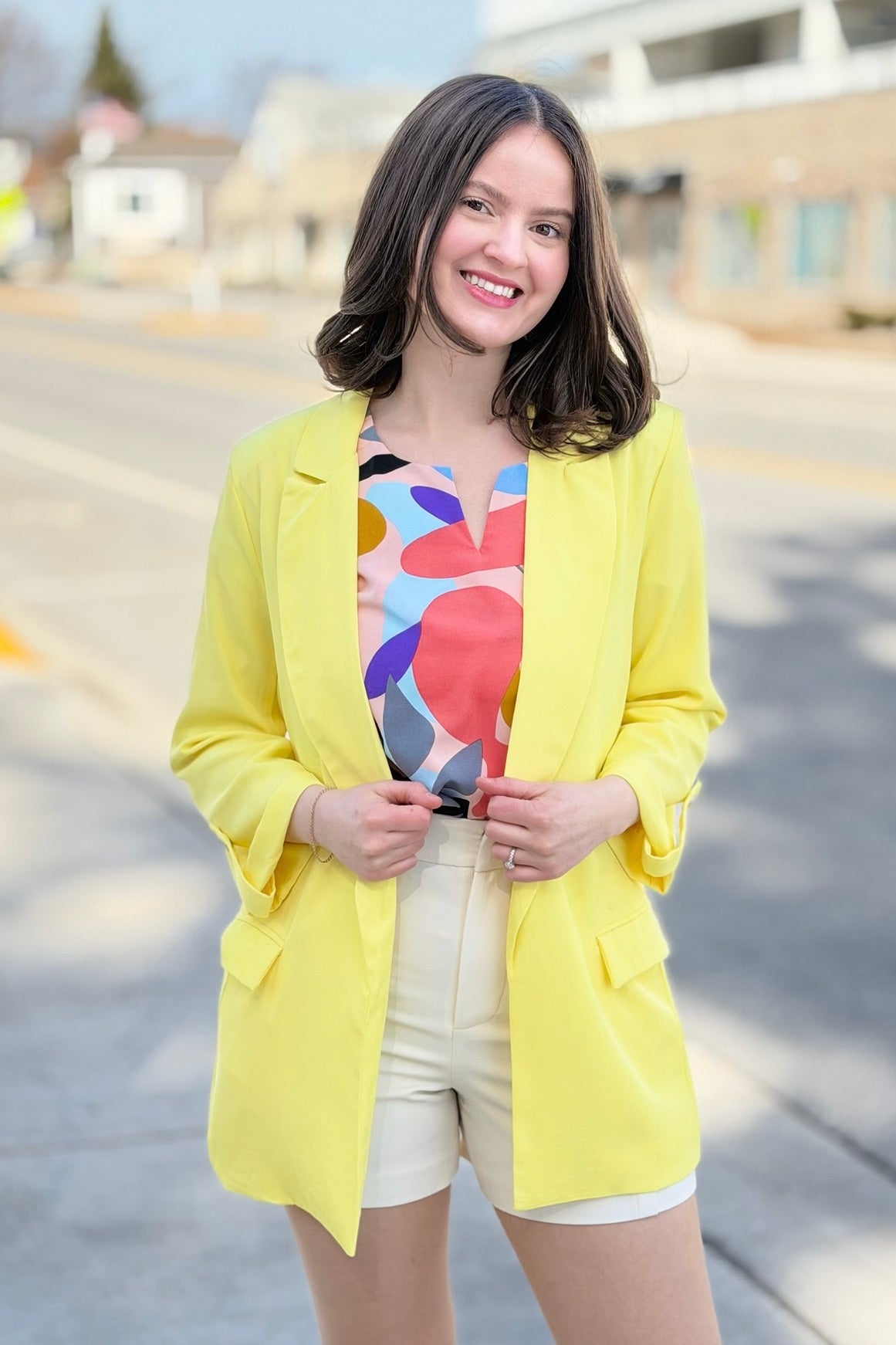 Roll Up Sleeve Open Blazer - Yellow