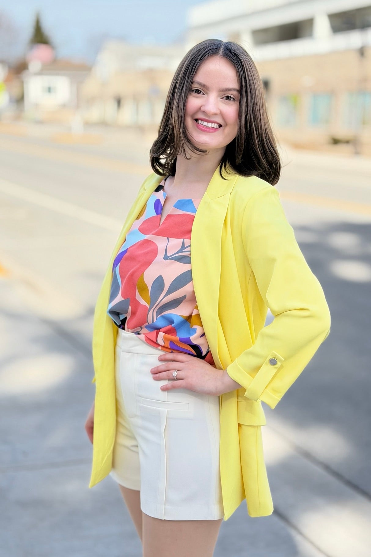 Roll Up Sleeve Open Blazer - Yellow