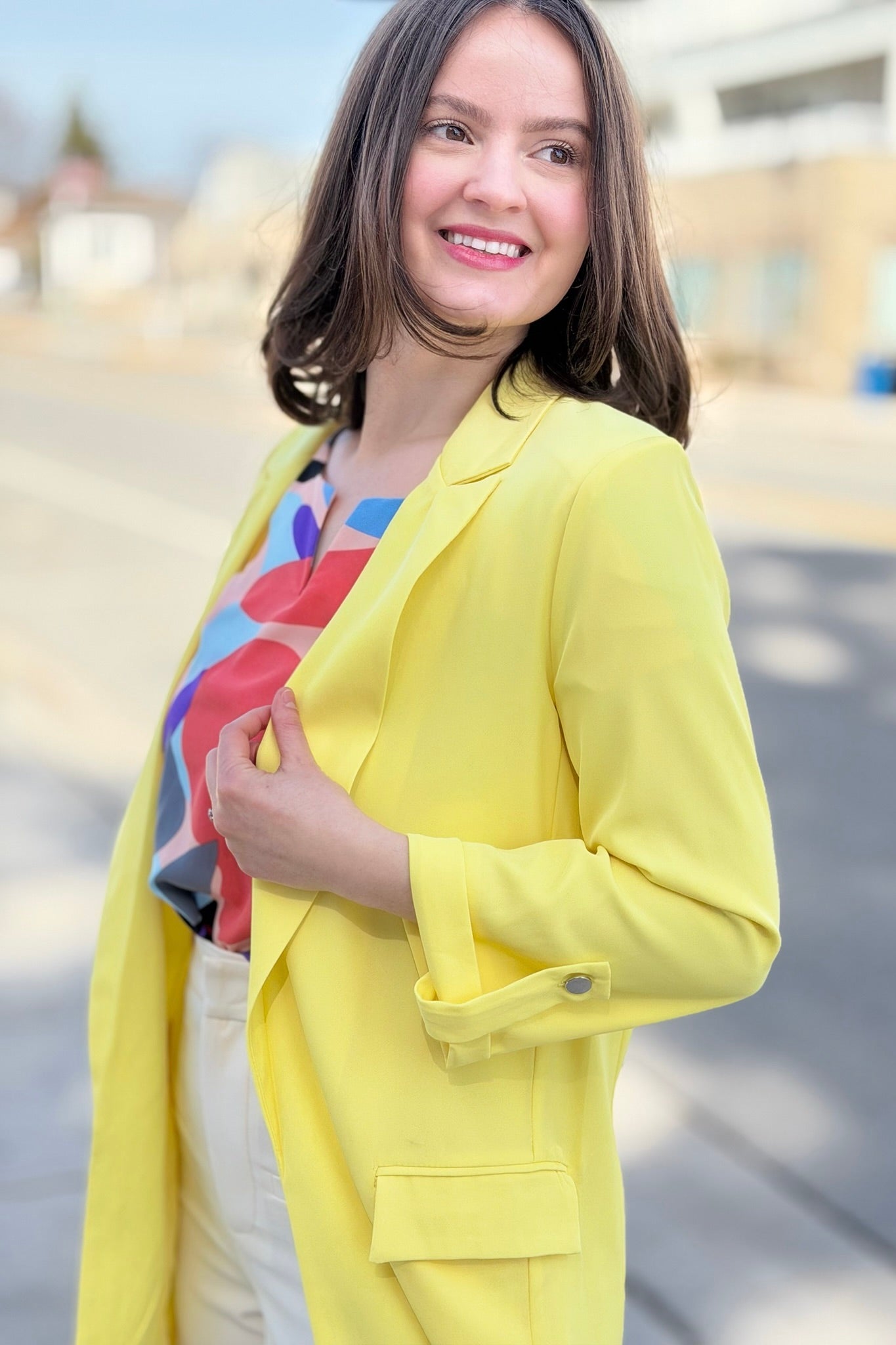 Roll Up Sleeve Open Blazer - Yellow