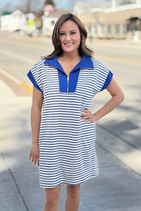 Half Zip Dress With Pockets - Blue
