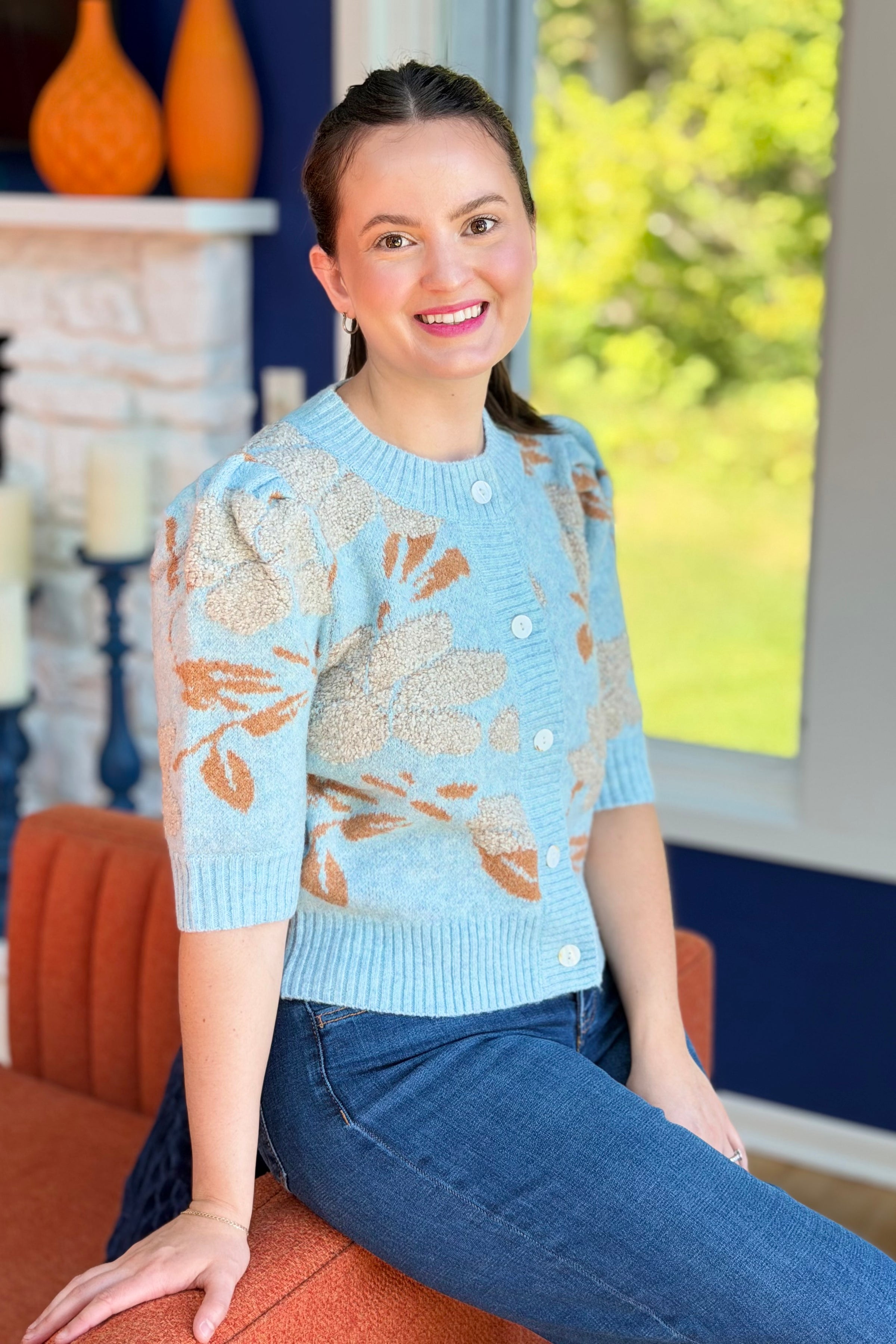 Floral Short Puff Sleeve Cardigan - Blue