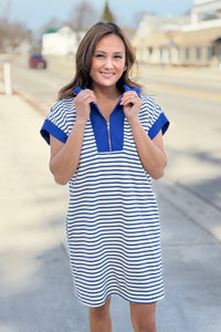 Half Zip Dress With Pockets - Blue