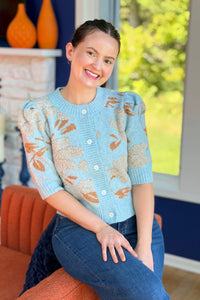 Floral Short Puff Sleeve Cardigan - Blue