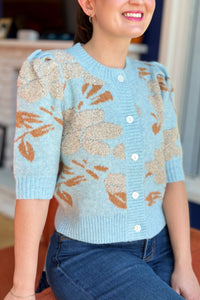 Floral Short Puff Sleeve Cardigan - Blue