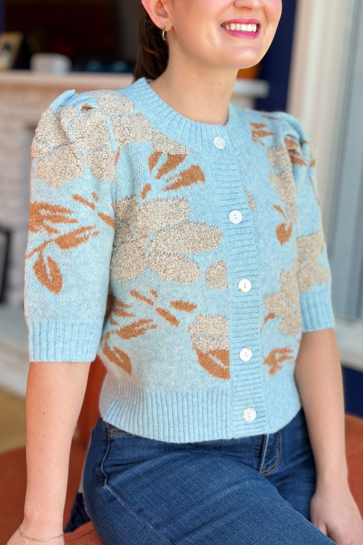 Floral Short Puff Sleeve Cardigan - Blue