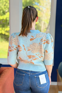 Floral Short Puff Sleeve Cardigan - Blue