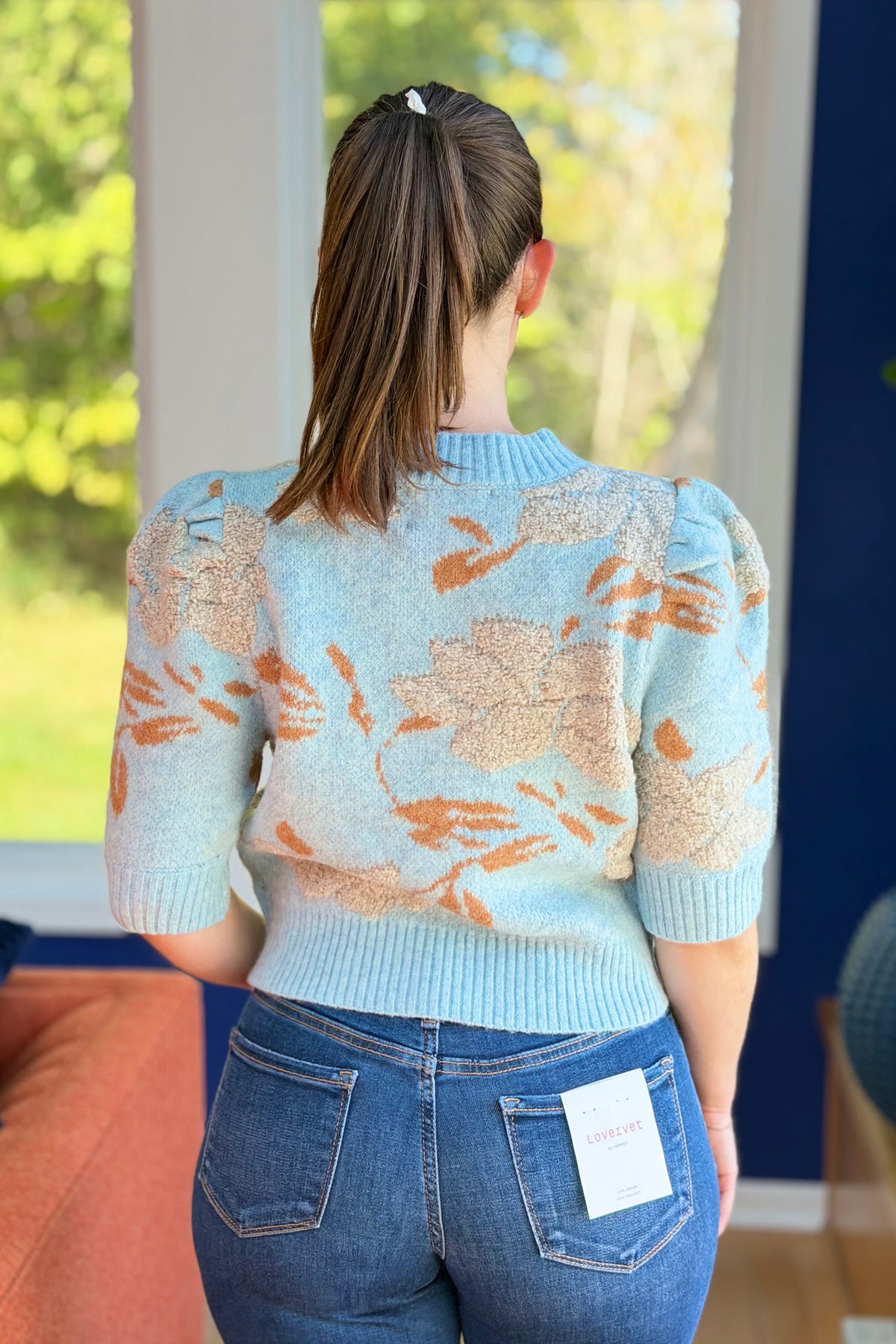 Floral Short Puff Sleeve Cardigan - Blue