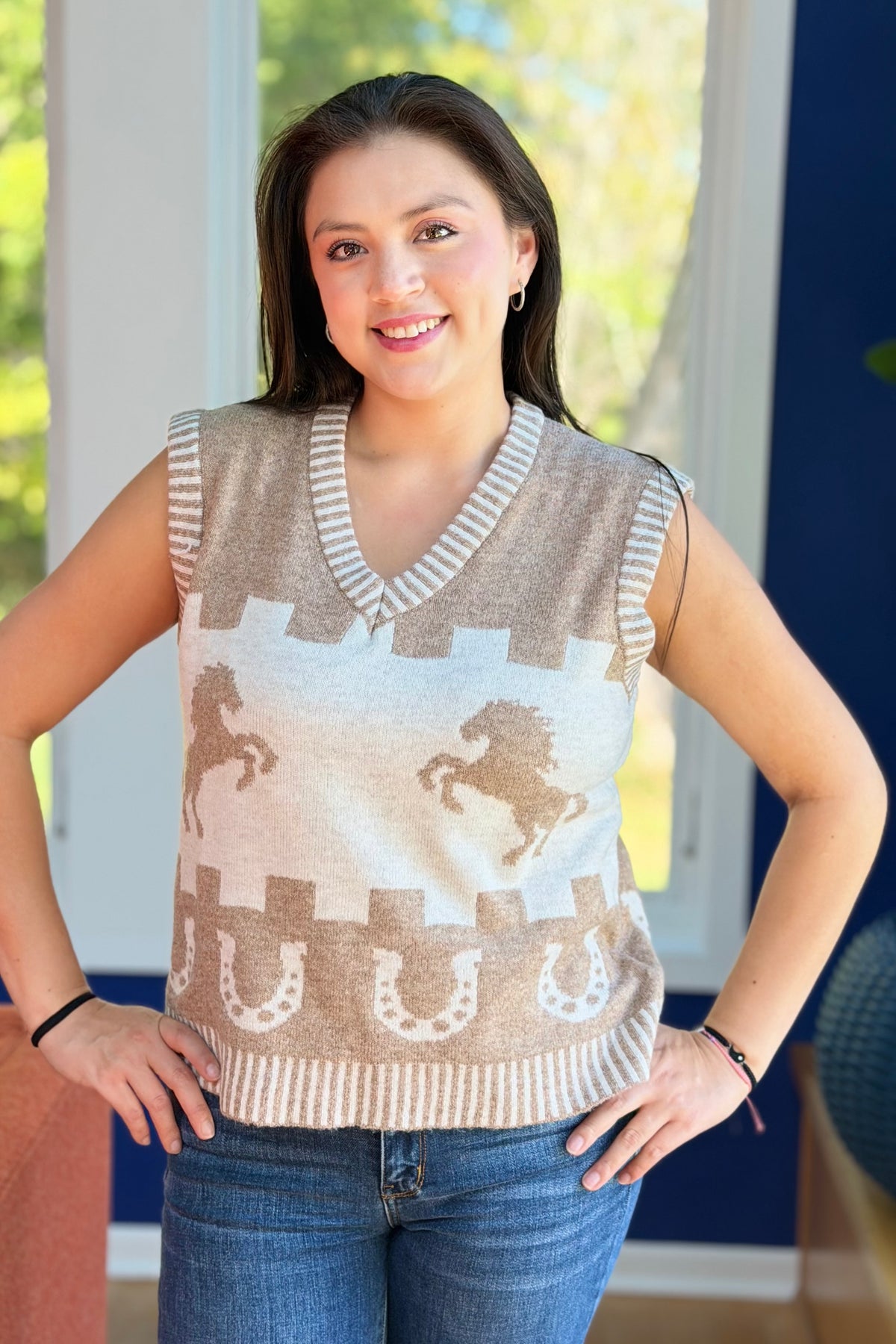 Western Horse Knit Vest - Mocha