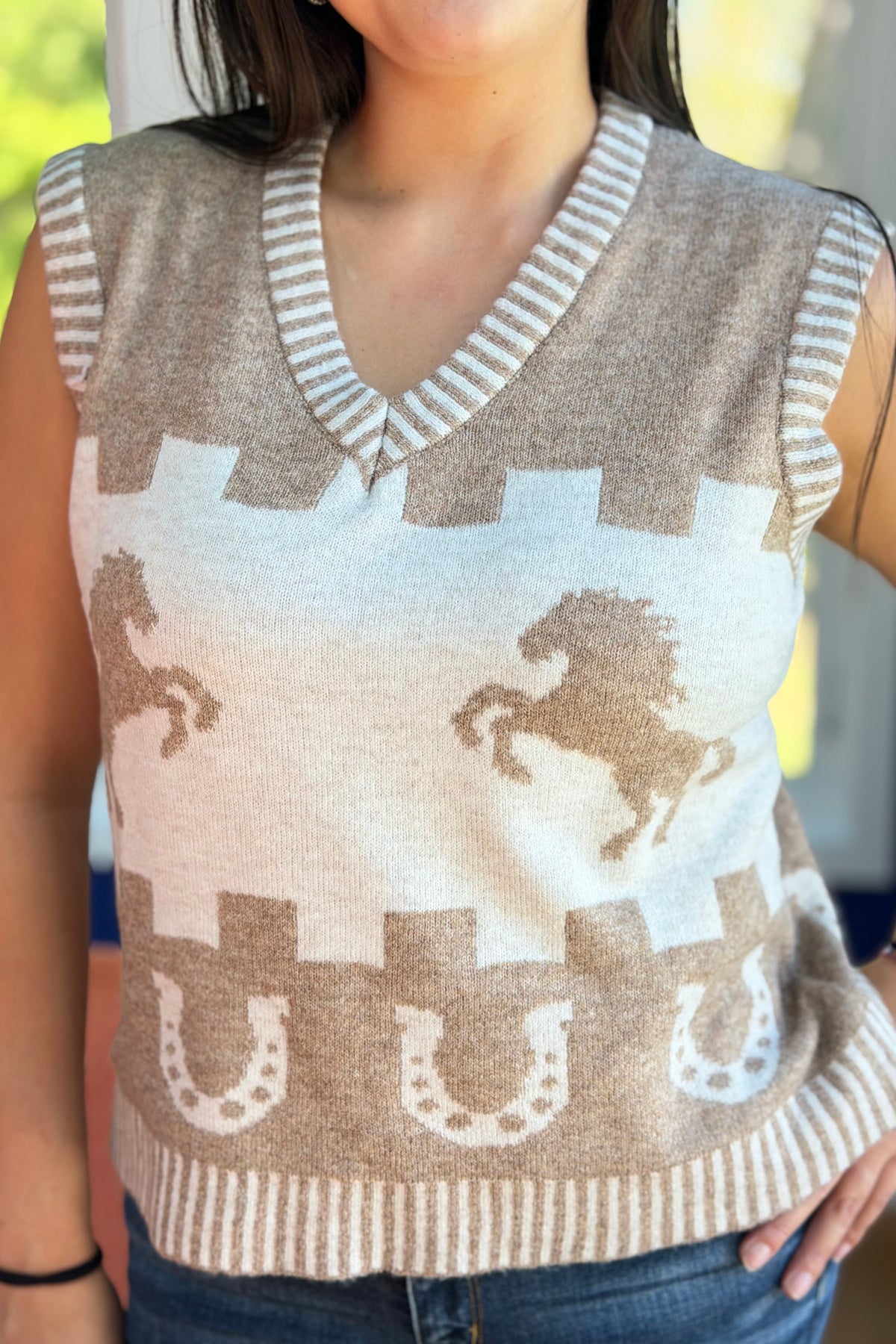 Western Horse Knit Vest - Mocha