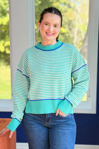 Contrast Trim Stripe Sweater - Sea Foam