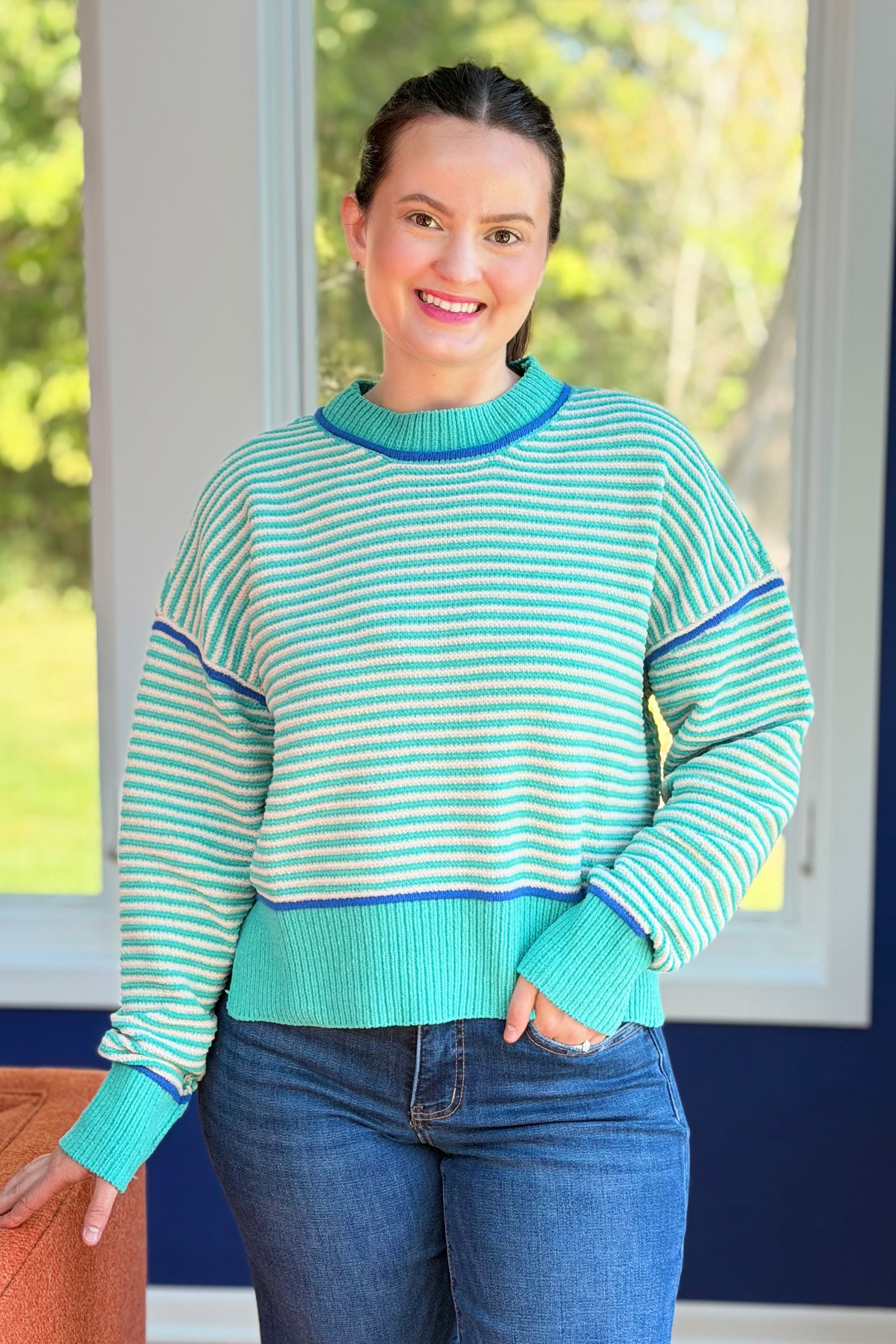 Contrast Trim Stripe Sweater - Sea Foam