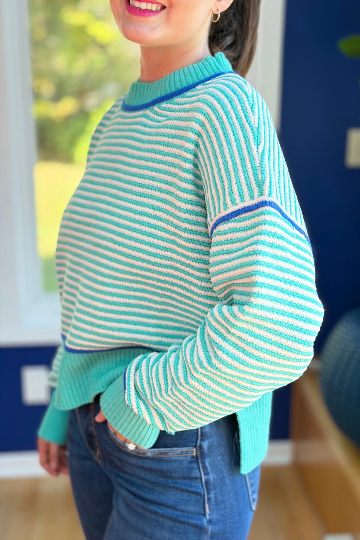 Contrast Trim Stripe Sweater - Sea Foam