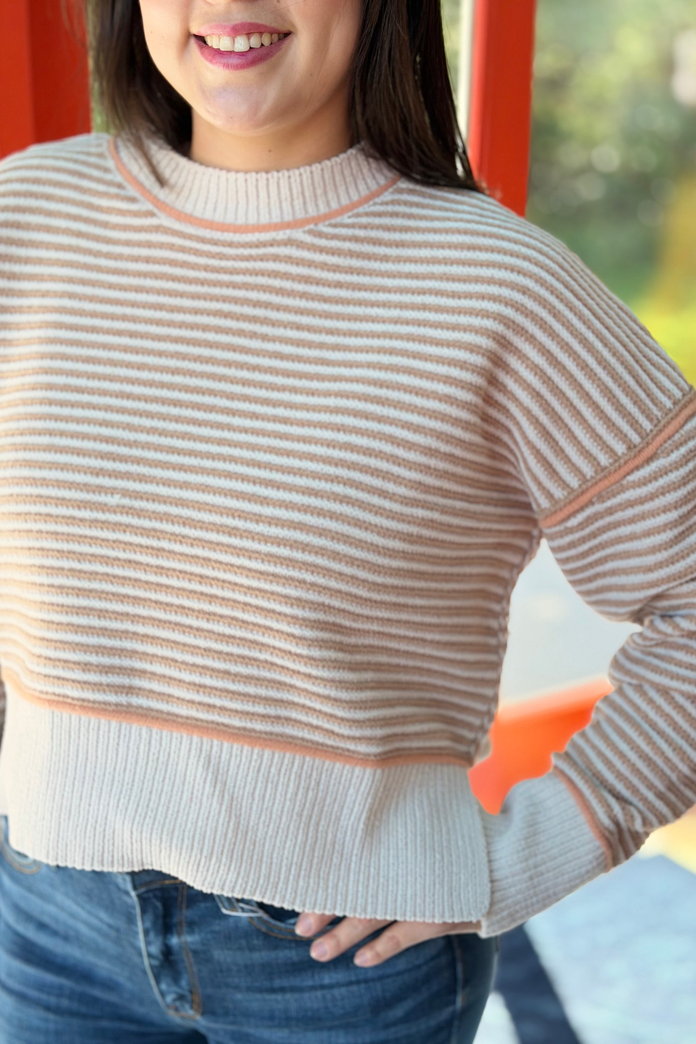 Contrast Trim Stripe Sweater - Taupe