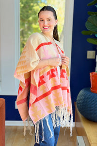 Open Shawl With Fringe - Cream Mix