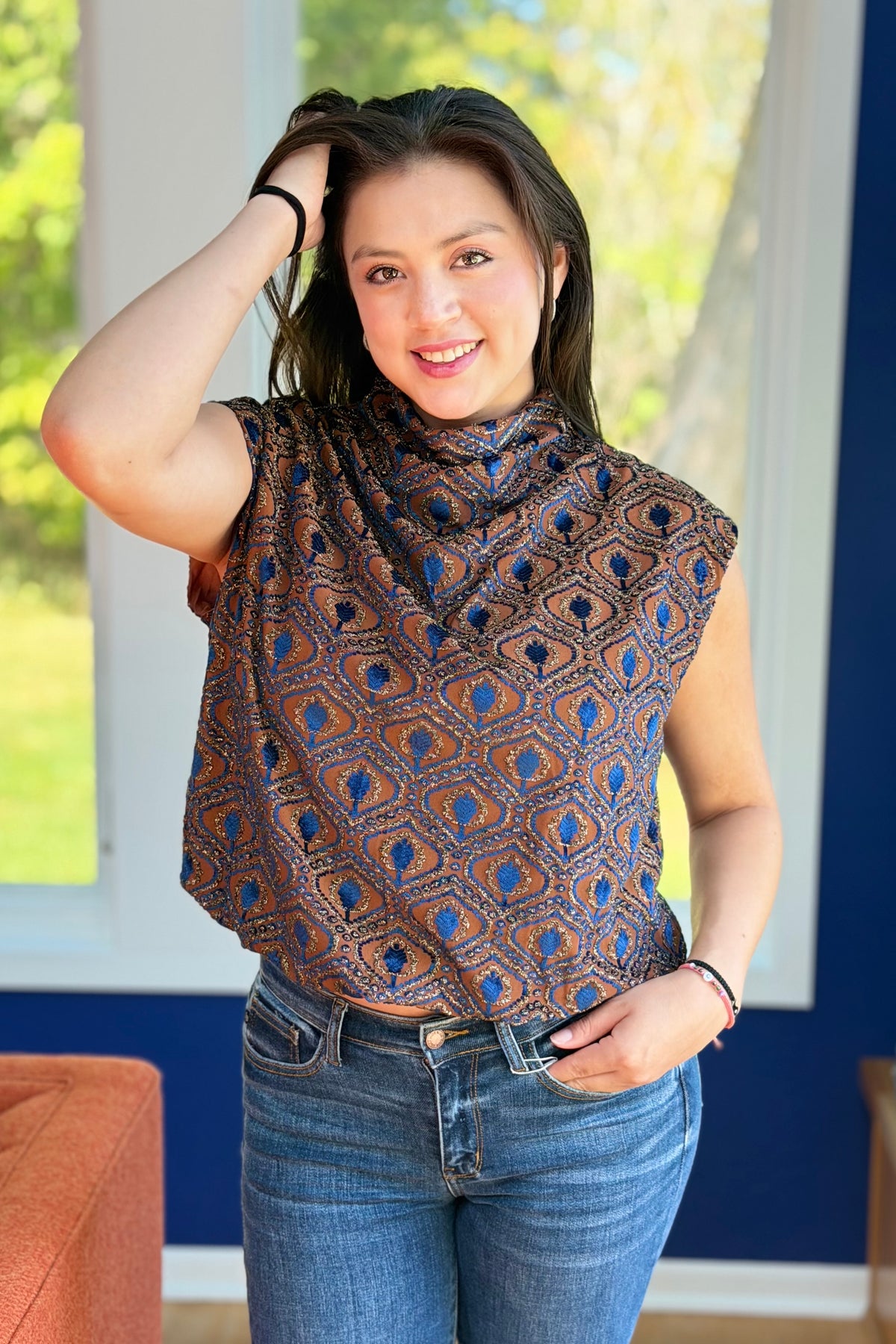 Velvet Mock Neck Cap Sleeve Top - Rust