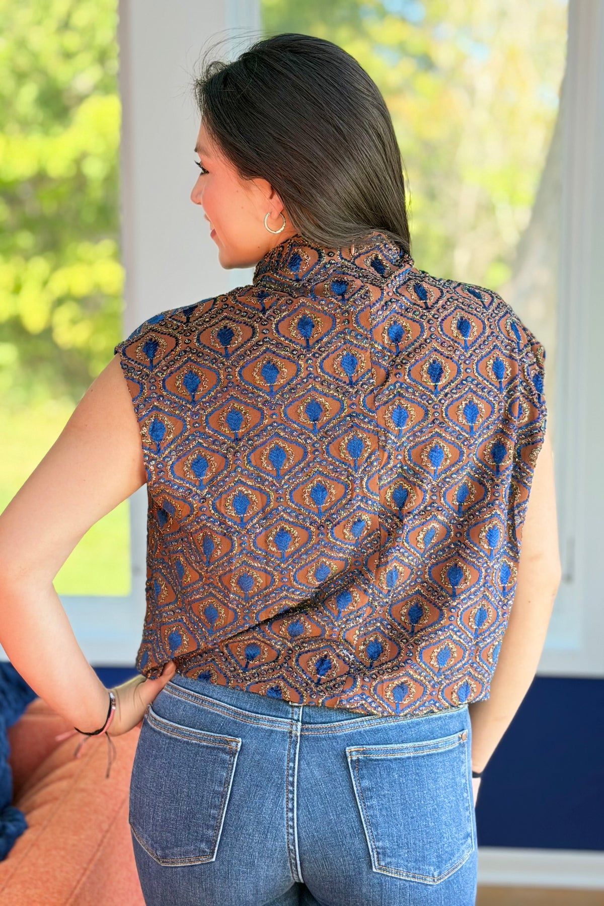 Velvet Mock Neck Cap Sleeve Top - Rust