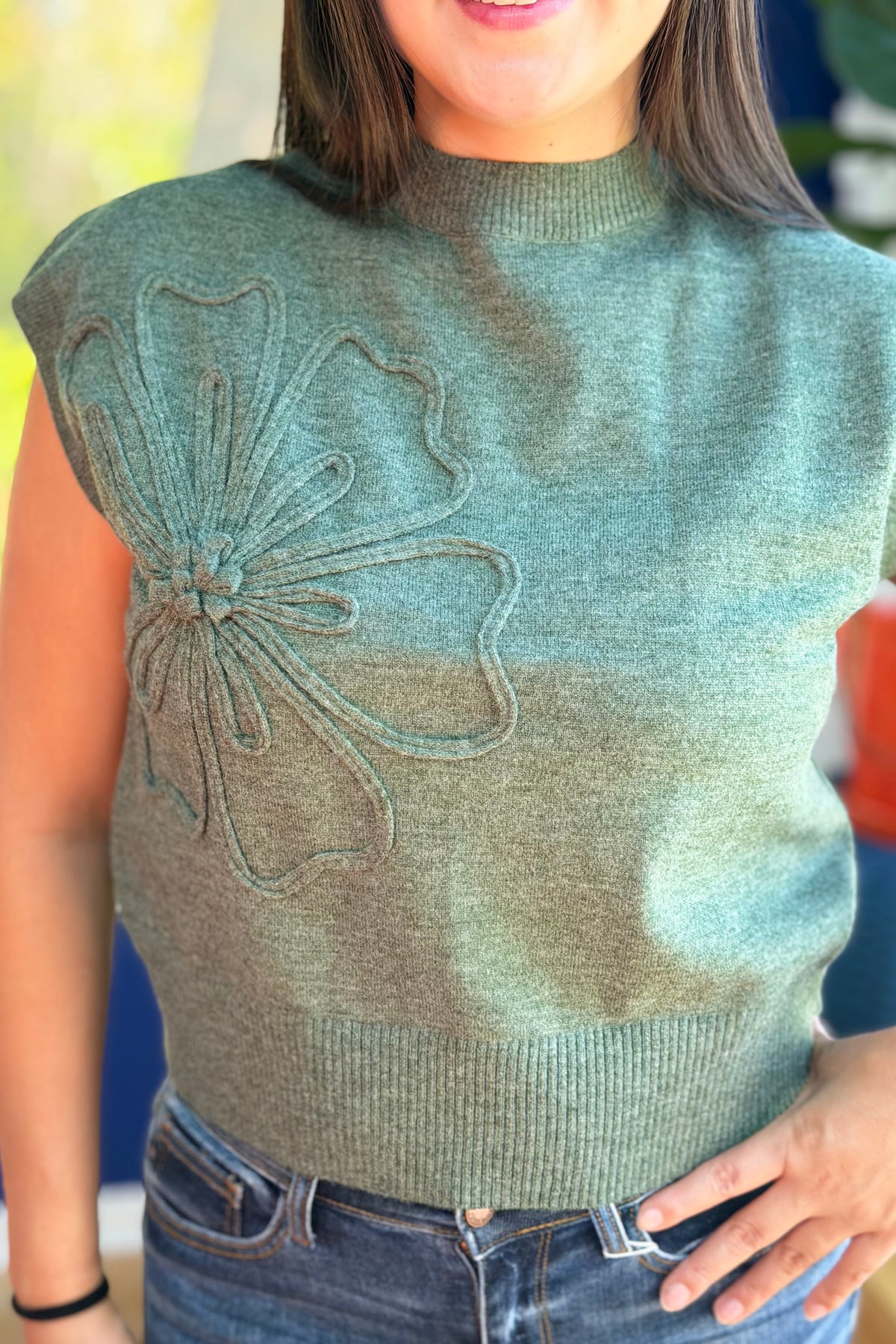 Camellia Flower Knit Top - Forest