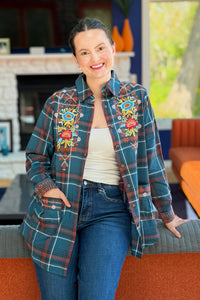 Plaid Embroidery Long Shirt with Pockets