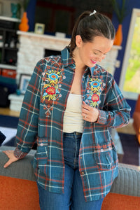 Plaid Embroidery Long Shirt with Pockets