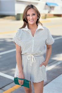 Striped Half Zip Romper - Cream