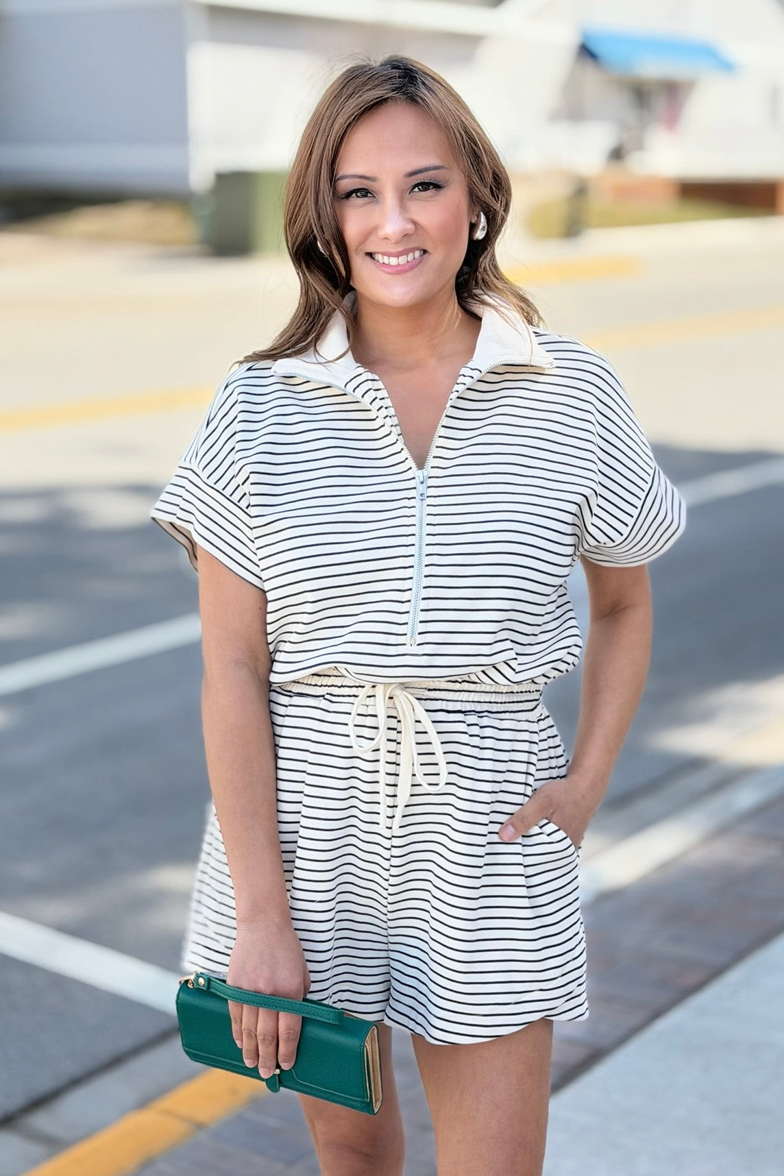 Striped Half Zip Romper - Cream