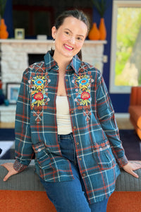 Plaid Embroidery Long Shirt with Pockets