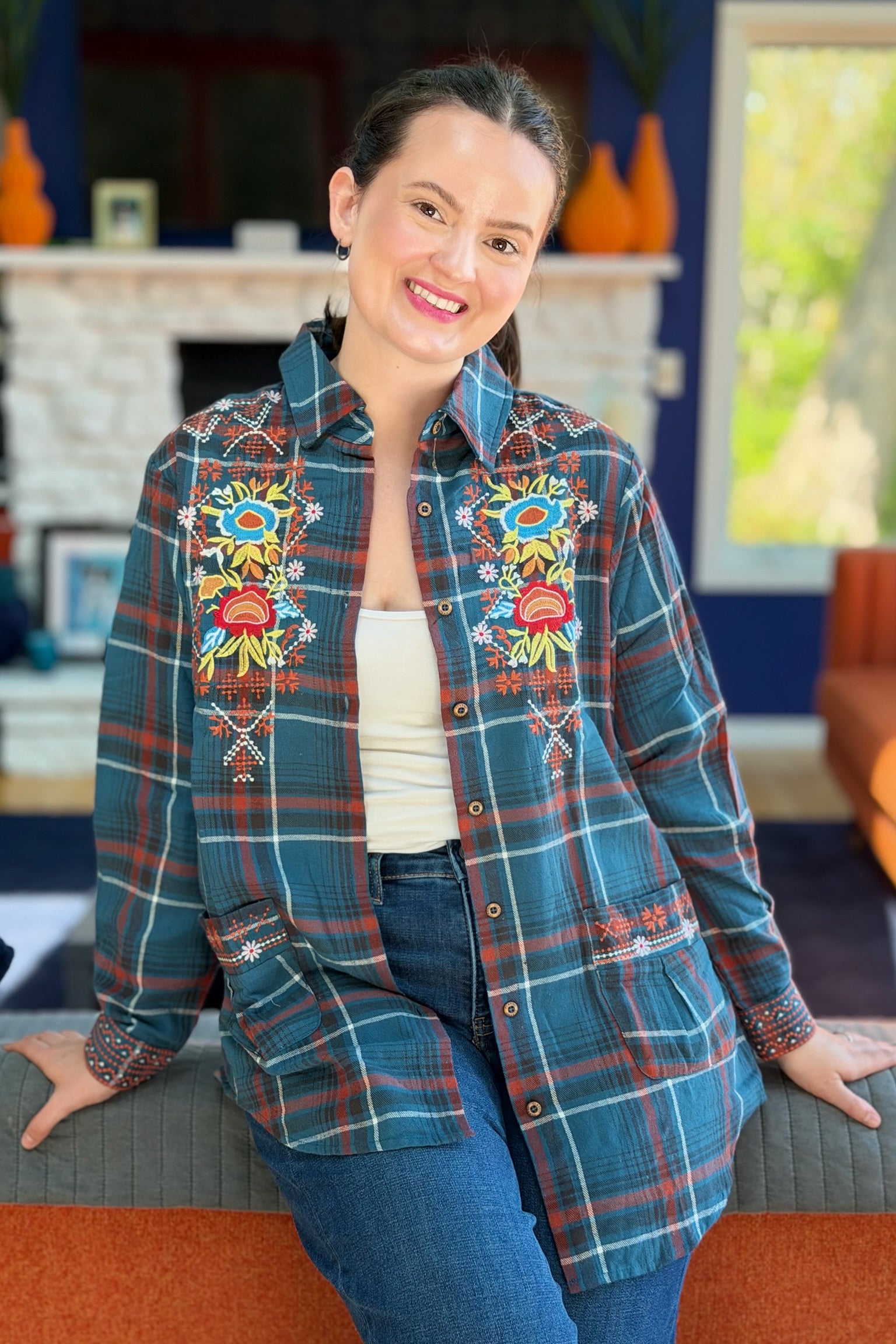 Plaid Embroidery Long Shirt with Pockets