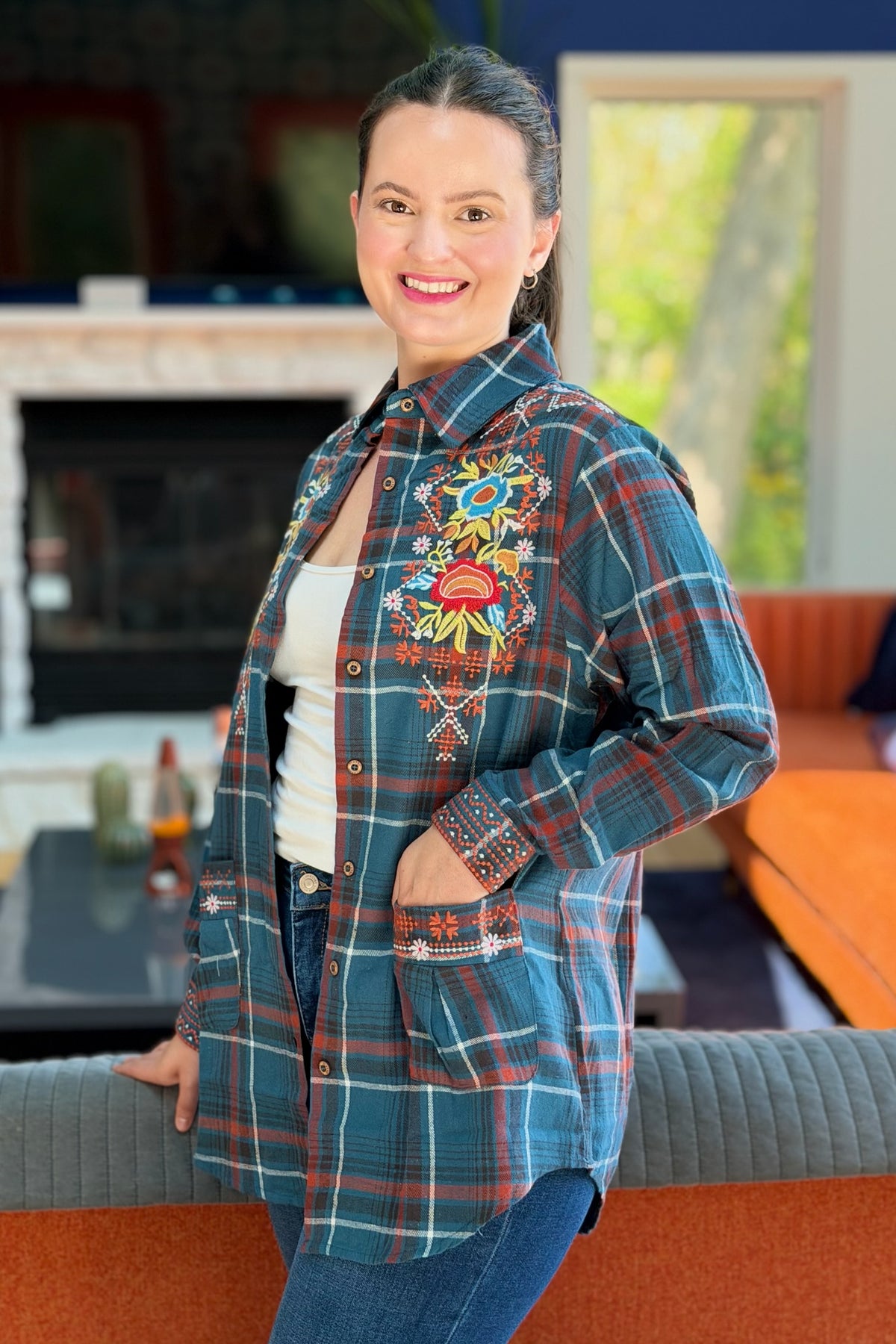 Plaid Embroidery Long Shirt with Pockets