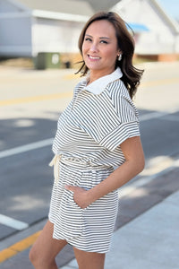 Striped Half Zip Romper - Cream