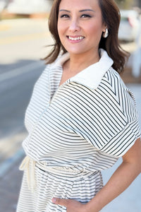 Striped Half Zip Romper - Cream