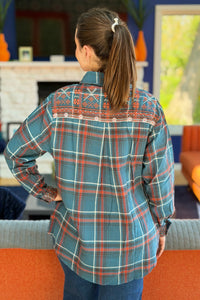 Plaid Embroidery Long Shirt with Pockets