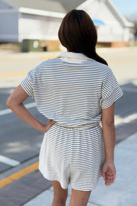 Striped Half Zip Romper - Cream