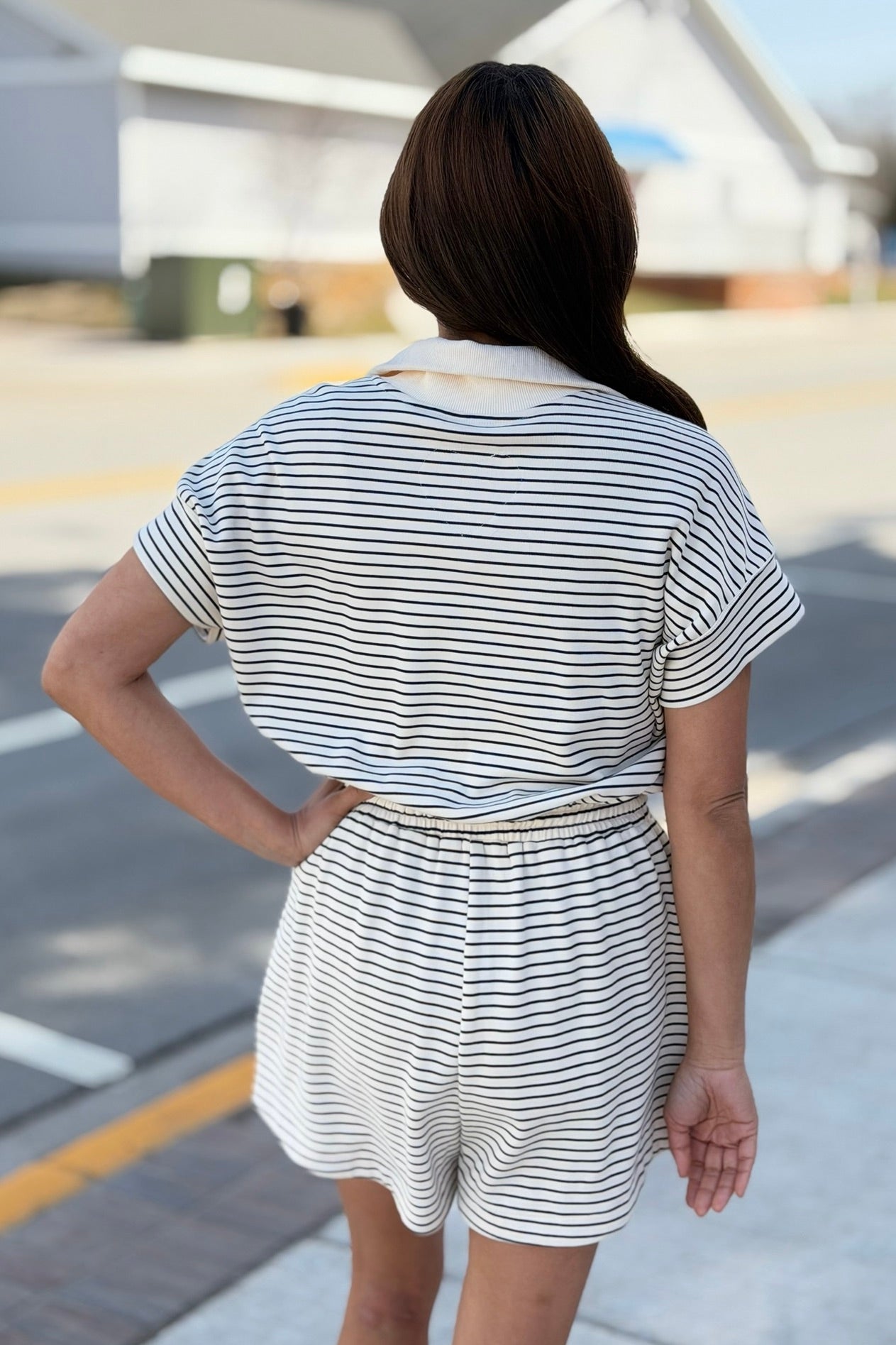 Striped Half Zip Romper - Cream
