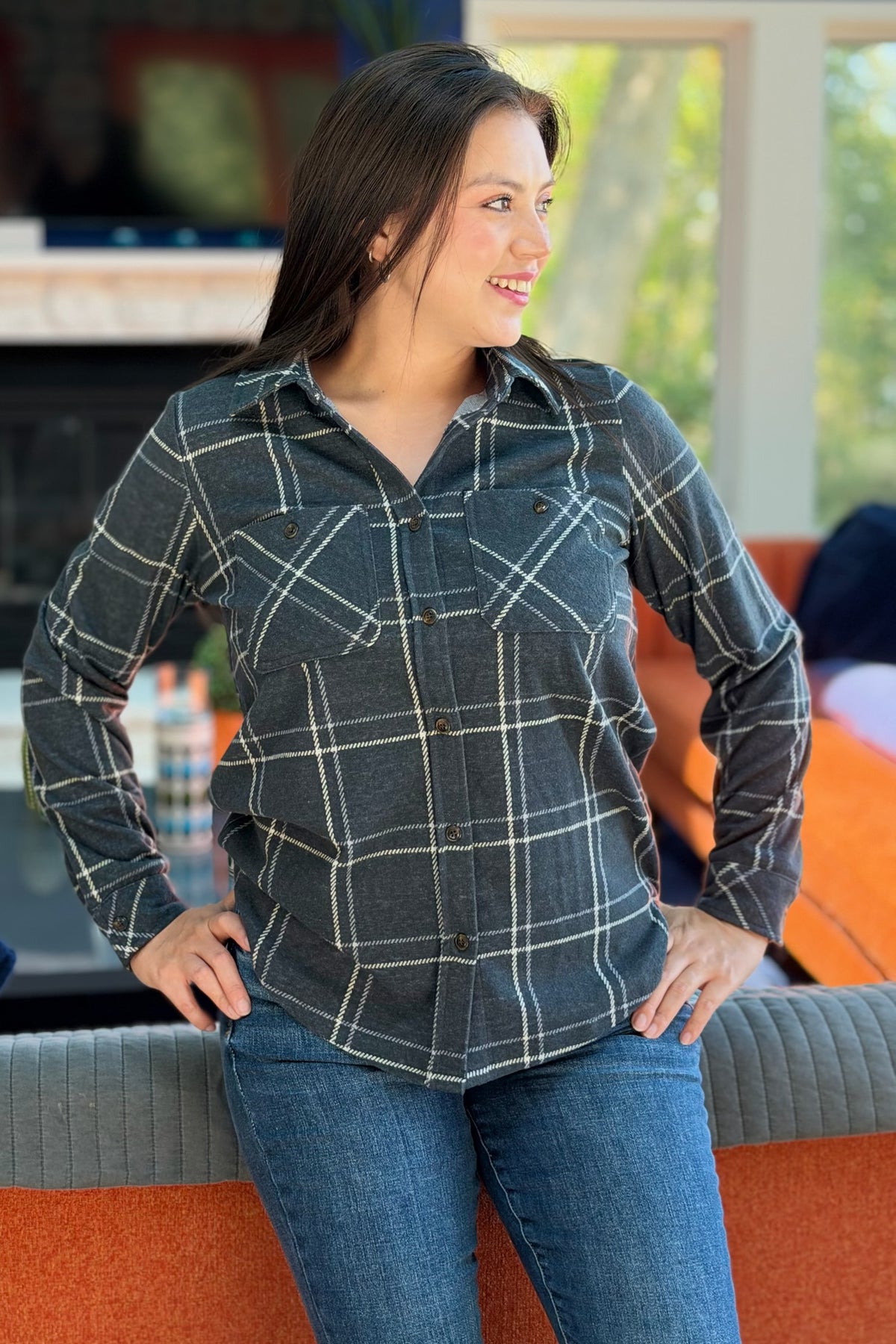 Plaid Button Up - Gray, Blue & White