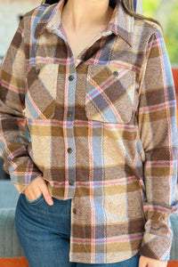Plaid Button Up - Dk. Brown, Blue & Pink