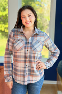 Plaid Button Up - Dusty Blue, Brick & Tan