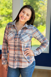 Plaid Button Up - Dusty Blue, Brick & Tan