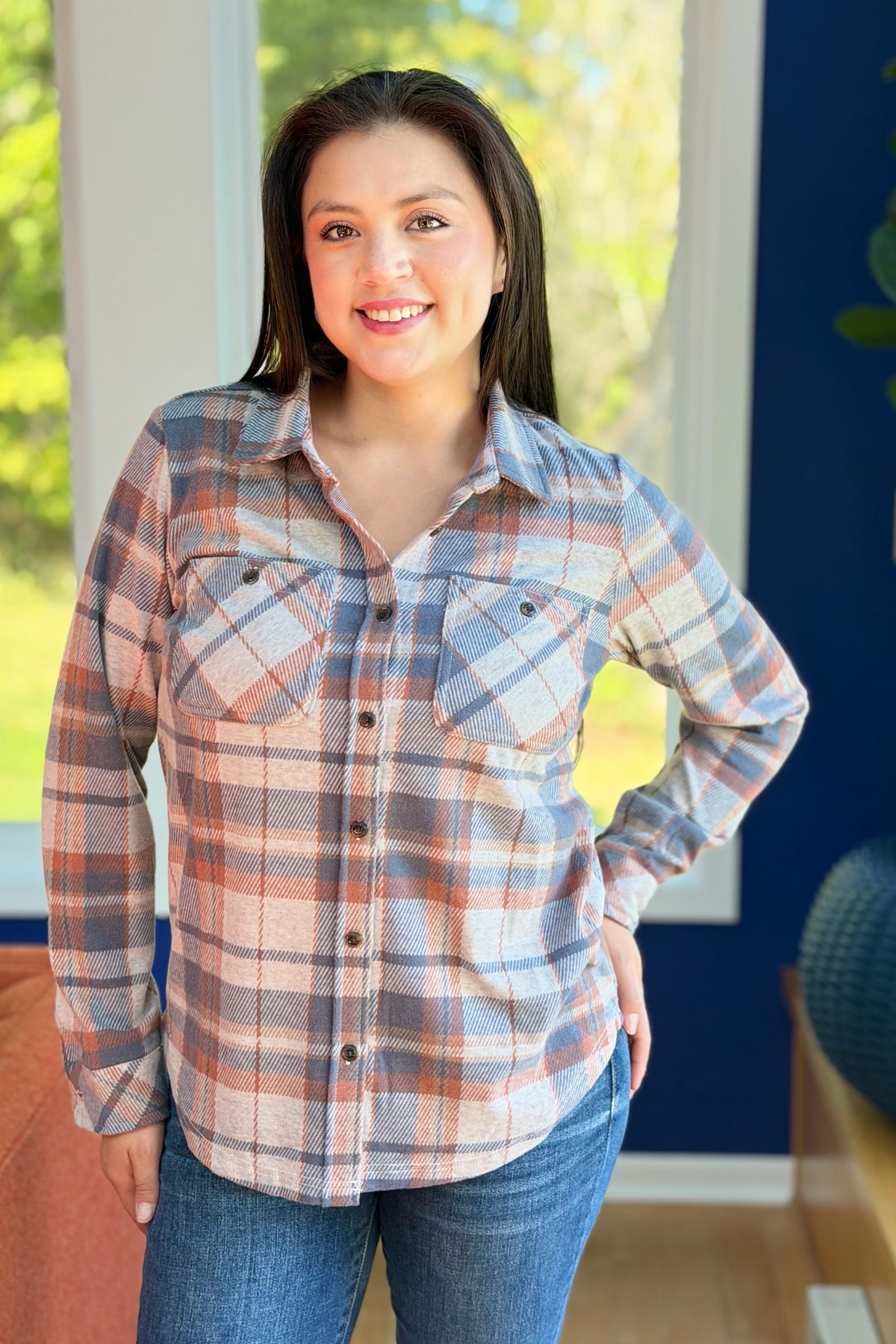 Plaid Button Up - Dusty Blue, Brick & Tan