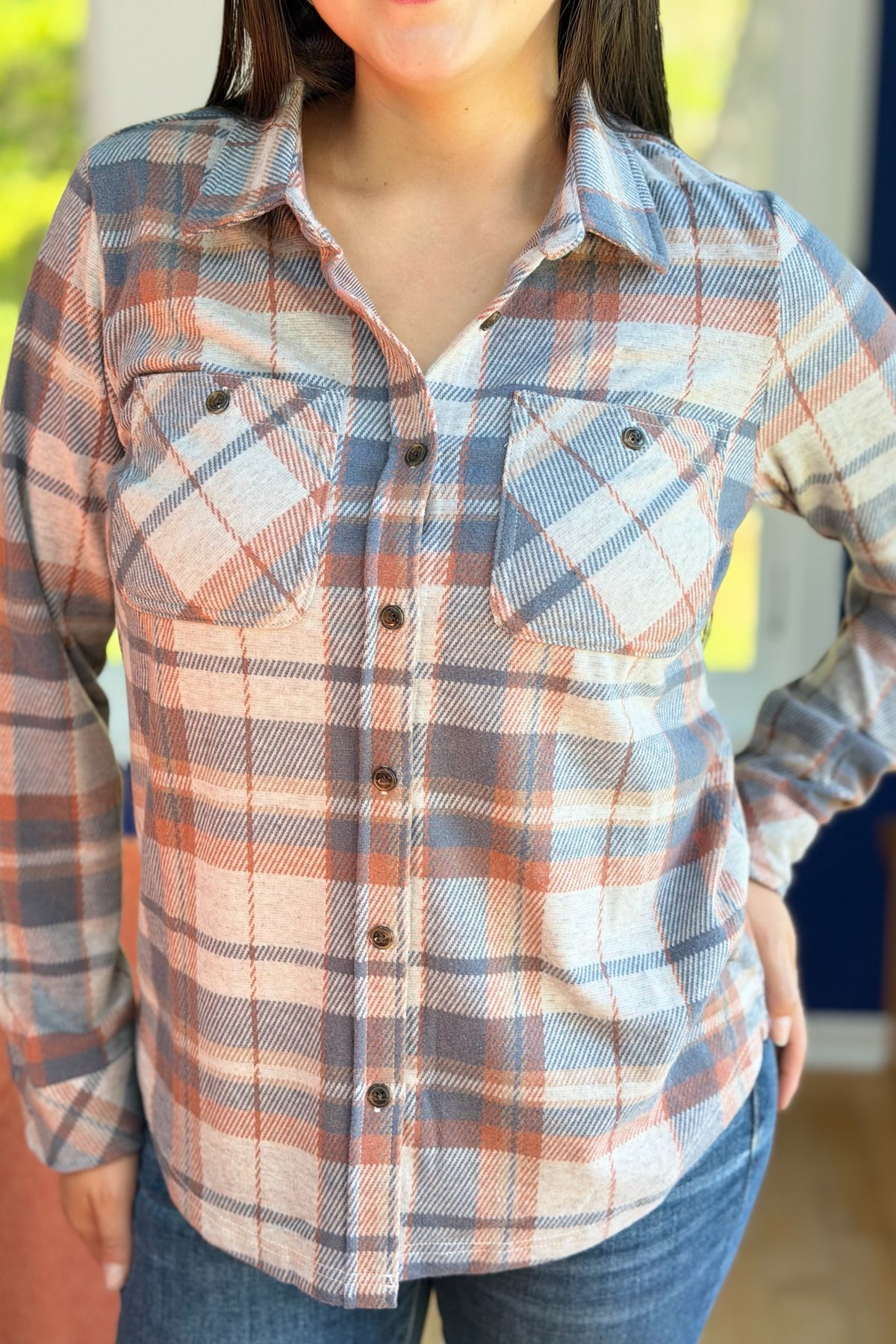 Plaid Button Up - Dusty Blue, Brick & Tan