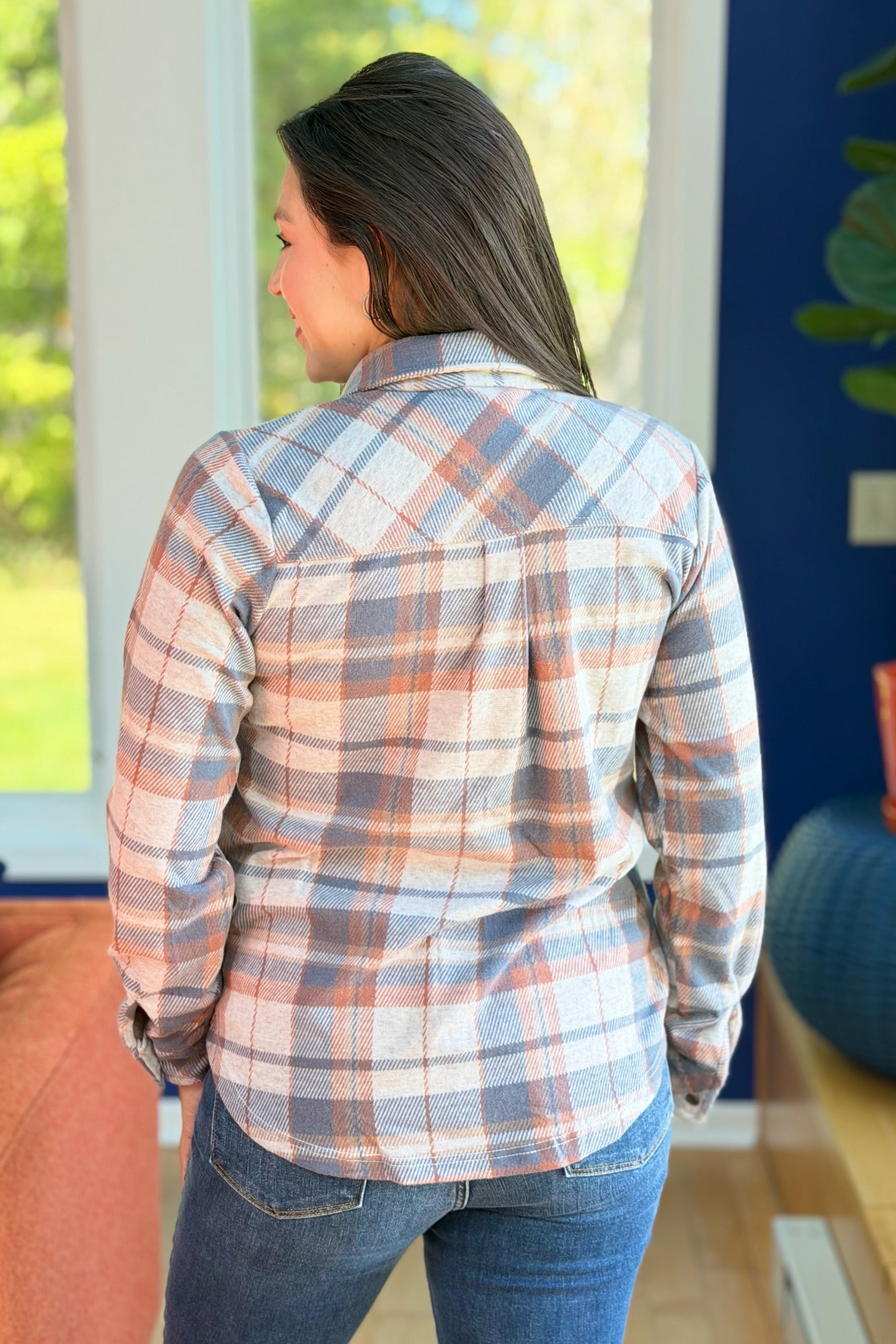 Plaid Button Up - Dusty Blue, Brick & Tan