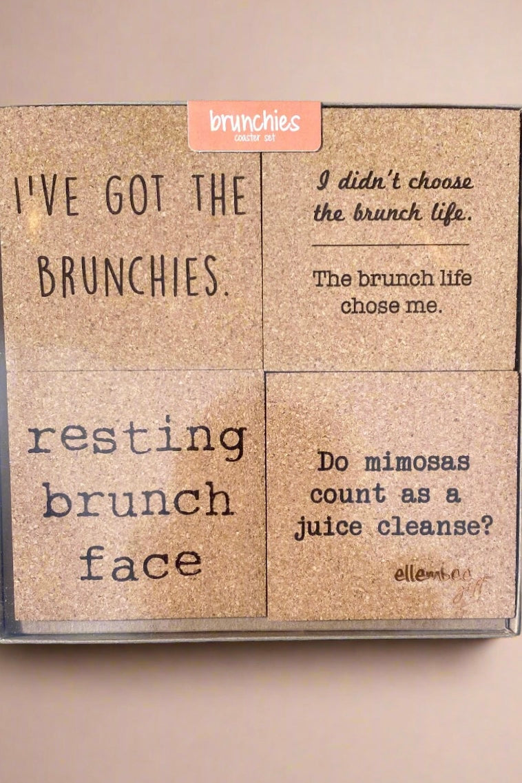A cork coaster set with funny phrases.
