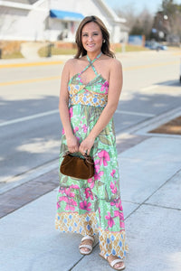 Tropical Strapless Maxi Dress - Green