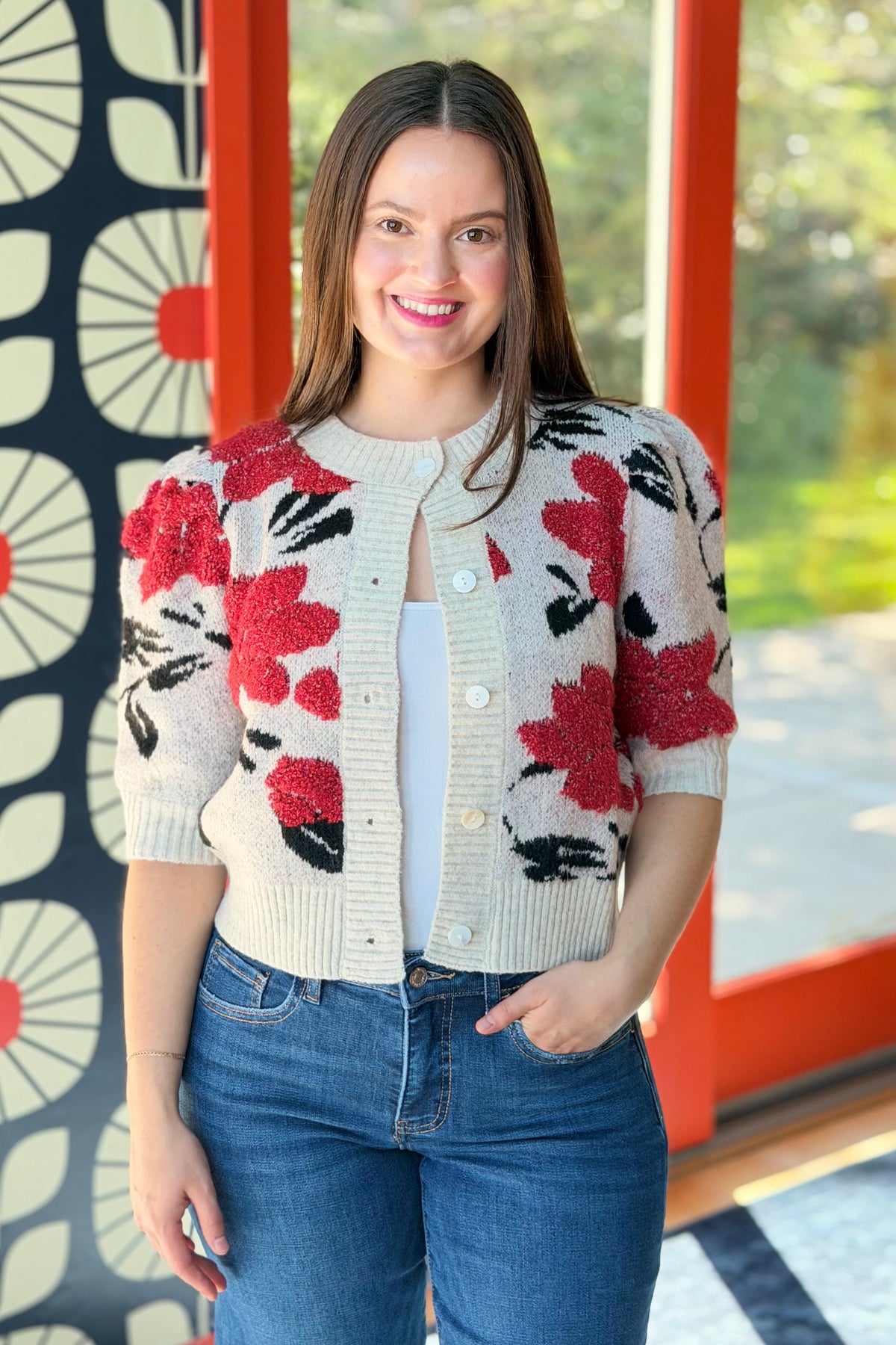 Floral Short Puff Sleeve Cardigan - Eggshell