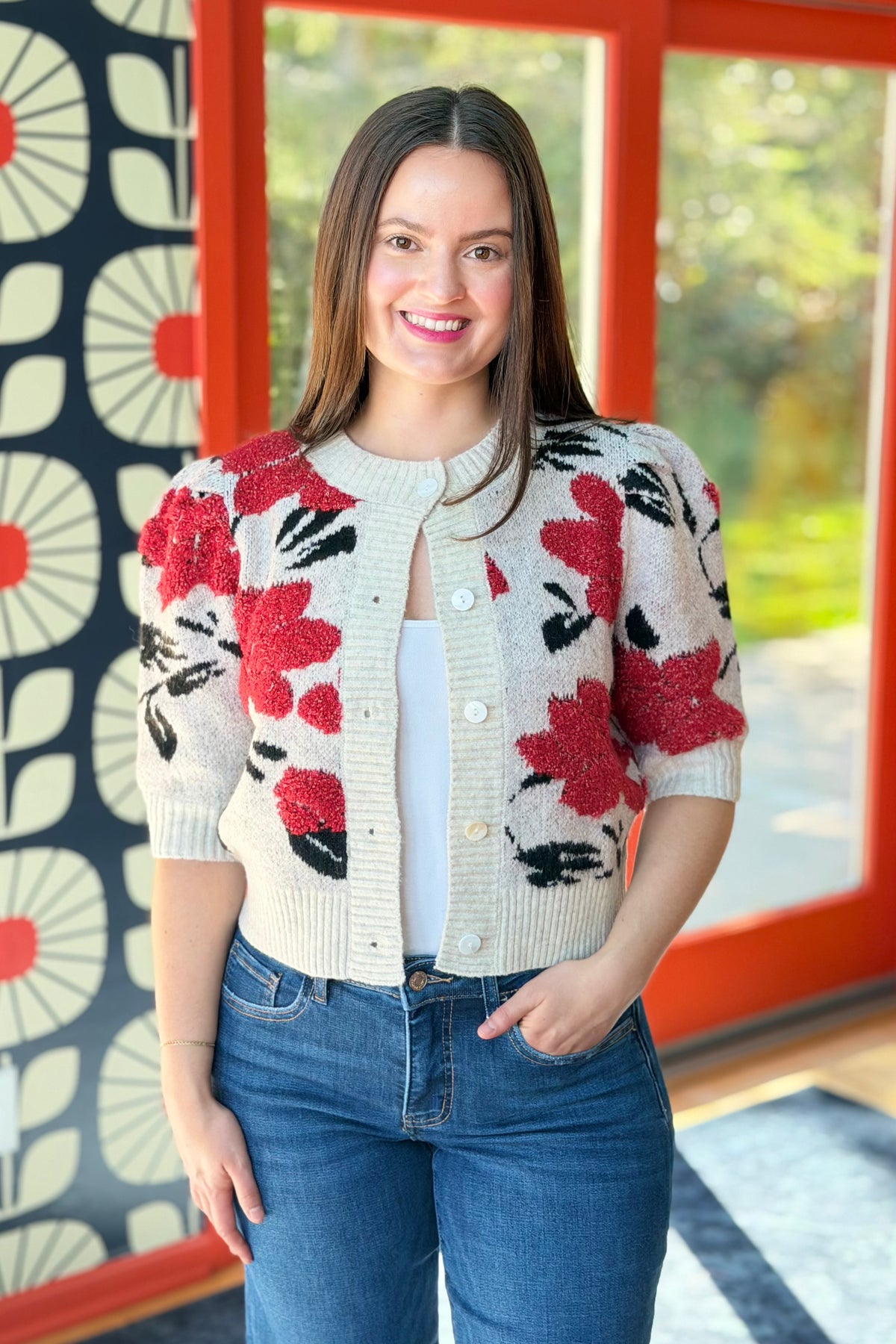 Floral Short Puff Sleeve Cardigan - Eggshell