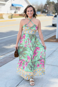 Tropical Strapless Maxi Dress - Green