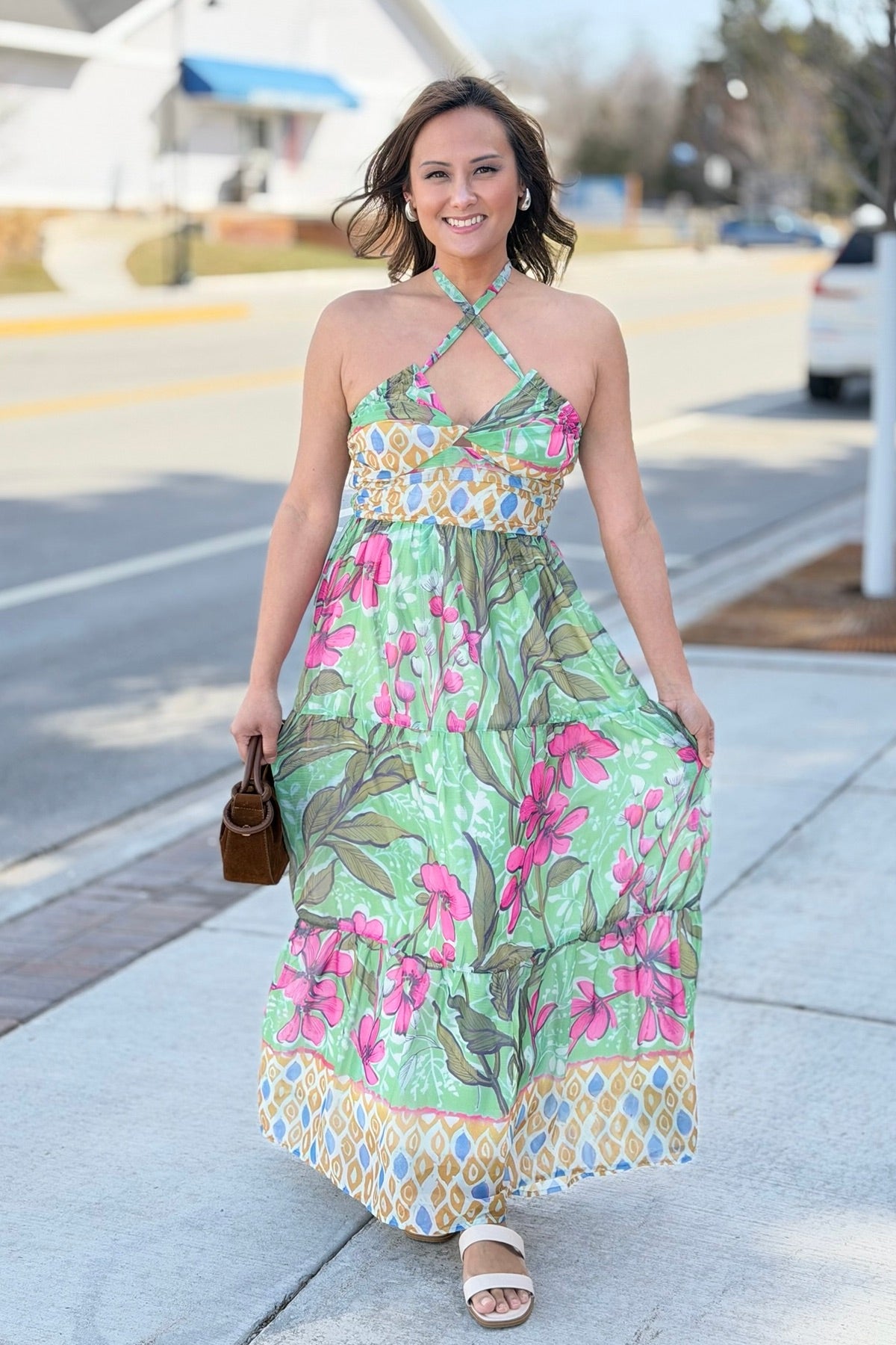 Tropical Strapless Maxi Dress - Green