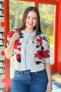 Floral Short Puff Sleeve Cardigan - Eggshell