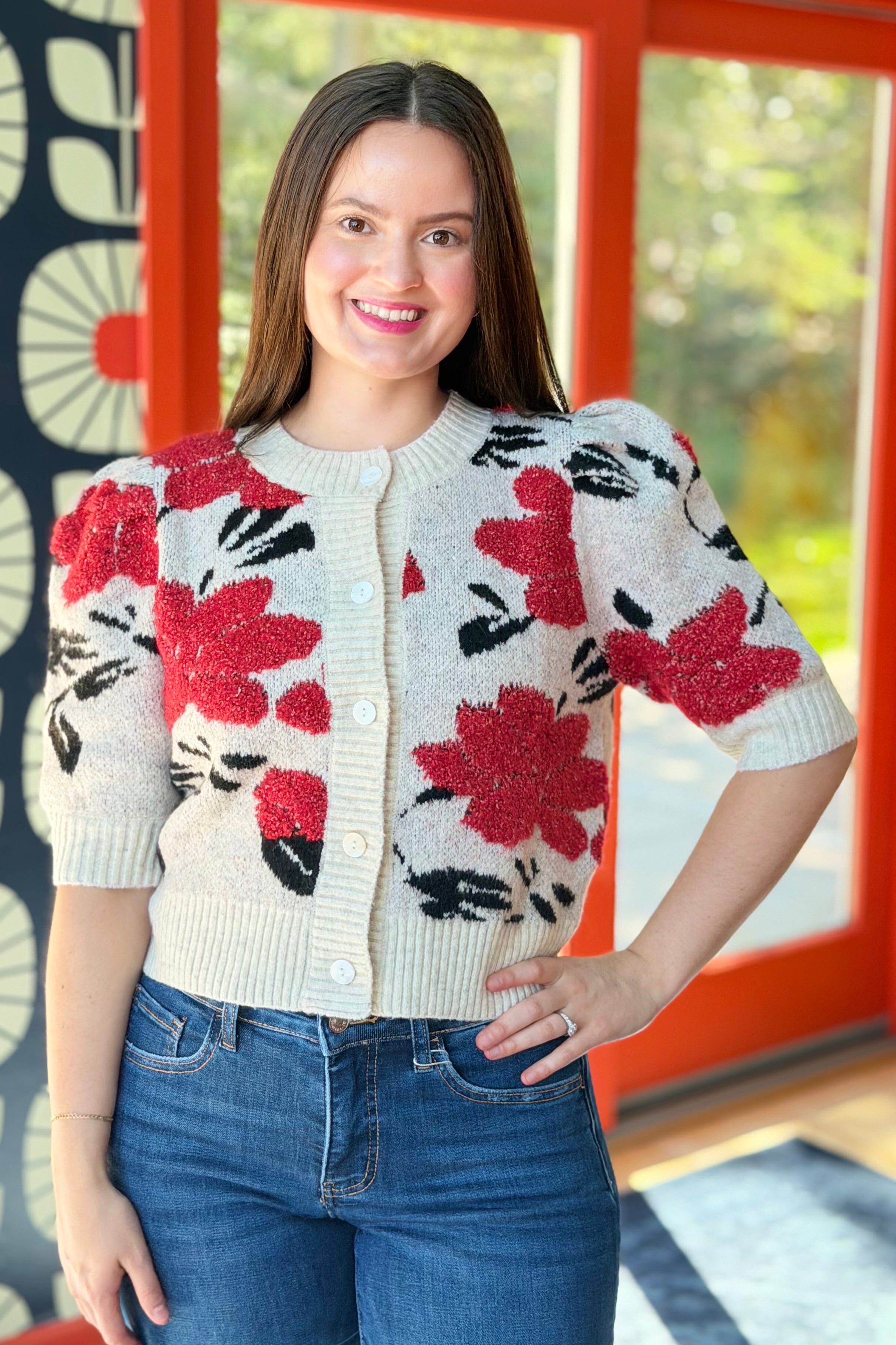 Floral Short Puff Sleeve Cardigan - Eggshell